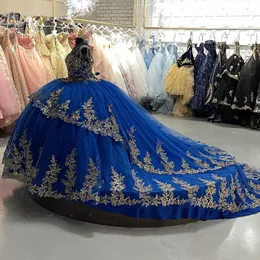 Royal Blue Quinceanera Dresses Cathedral Train Prom Gowns 3d Floral Flower Straps Pärled Corset Back Sweet 15 16 Dress