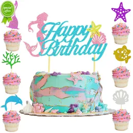 Nova decoração de bolo para festa de sereia com glitter rabo de sereia topo de bolo para crianças tema sereia decoração de festa de aniversário feliz chá de bebê