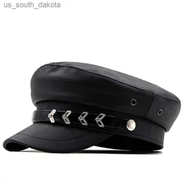 Nouveau femmes plat surmonté lumineux Pu cuir Beanie automne hiver noir militaire chapeau fille béret mode classique rétro casquette L230523