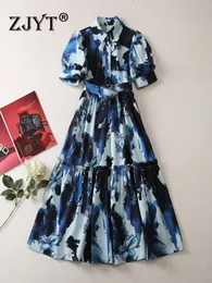 Temel gündelik elbiseler zjyt pist tasarımcısı yaz elbisesi kadın modaya uygun moda mavi çiçek baskı midi vintage vestidos parti tatil cübbesi femmes 230620