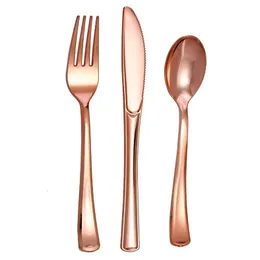 Engångstagning av containrar 75 st Rose Gold Plastic Silverware Flatware Set Heavyweight Cutery Include 25 Forks Spoons Knives 230620