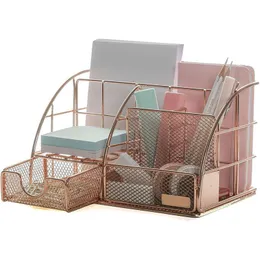 Lagringshållare Racks Desktop Box Rose Gold Mesh Metal Office levererar tillbehör med låda för hemmakeuparrangör 230621