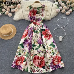 Grundläggande casual klänningar Flower Print Women Vest Midi Dress Elegant Fashion O-Neck Summer Semeless Slim High midja A-Line Party Runway Tank Dress 230620