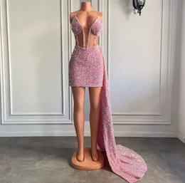 2023 Eleganti abiti da ballo rosa Sweetheart Illusion Paillettes Pizzo corto con gonne oversize Guaina formale Abiti da sera speciali per feste