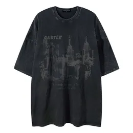 Vintage Men t-shirt streetwear hip hop castle grafisk tryck tvättad tshirt 2023 harajuku mode sommar casual loose svart svart