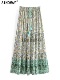 Spódnice Vintage Chic moda hipisowskie bohemian zielony kwiatowy nadruk Plecena spódnica elastyczna talia A-line boho maxi spódnice femme j230621