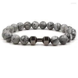 Strand 3 Colors 8mm Gray Stone Beads Bracelets Dumbbell Charms Bracelet Buddha Yoga Strench Jewelry Gold Black