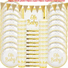 Jednorazowe pojemniki na wynos 31PCS OH Baby Shower Impreza Zestaw zastawy stołowej Złote Papier urodzinowe Talerze Puchar Pucharu Dziewczyna Płeć Dekoracja 230620