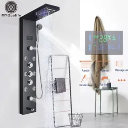 Badrumduschhuvuden Led Light Panel Waterfall Rain Digital Display Facet Set Spa Massage Jet Column Mixer Tap Tower System 230620