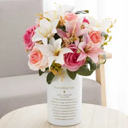 말린 꽃 가을 인공 결혼식 장면 장식 장미 발렌타인 데이 선물 선물 릴리 가짜 실크 꽃다발 홈 테이블 식물 장식품