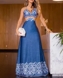 Sukienki swobodne tropikalne nadruk w dekolcie maxi sukienka z paskiem dla kobiet imprezowy klub nocny vestidos seksowne bodycon 2023 Lats Long Prom