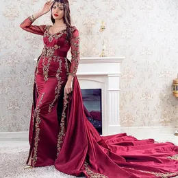 Arabic Kaftan Burgundy Mermaid Evening Dresses With Detachable Train Front Split Long Sleeves Satin prom Event Gowns Appliques