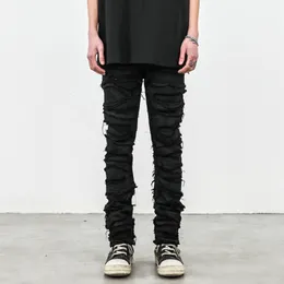 Herr jeans herrar svart mager denim jeans tung förstörelse rippade cyklist jeans europeiska amerikanska streetwear hip hop slim jean byxor för män 230620