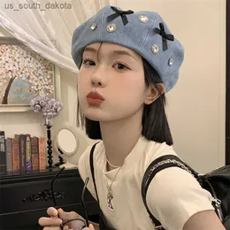 202305-XX INS Dropshipping Spring Denim Sweet Bowknot Drill Street Fashion Lady Beret Cap Kobiet Malarz Malarz L230523