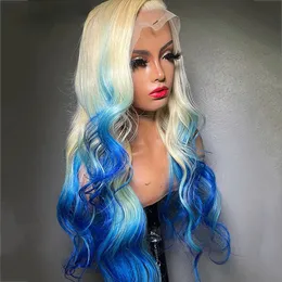 40Inch Brazilian Hair Body Wave Ombre Blue Colored 13x4 Lace Front Purple Drag Queen Glueless Synthetic Cospaly Wigs For Black Womenv
