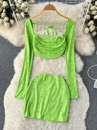 Two Piece Dress SINGREINY Sexy Club Two Piece Sets Women Long Sleeve Square Neck Short Tops Mini Skirt Fashion Beading Y2K Streetwear Suits 230620