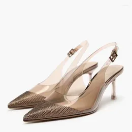 Sandaler Summer Pointed Shiny Diamond Decoration Sexig Kvinnor 2023 Slingback High Heels Shoes Woman Slender PVC Women Pumps