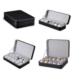 Titta på lådor Fall 61012 Slots Box Pu Leather Portable Zipper Quartz Watches Case Holder Organizer Black Jewely Display Gift7881118