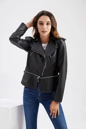 女性の革2023春秋の女性ブラックフェイクジャケットカジュアルジッパー装飾バイカーコート女性ソリッドショートアウトウェアS-3XL