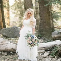 Western Country Wedding Dresses Lace Chiffon Modest V Neck Half Sleeves Long Bohemian Bridal Gowns Plus Size Robe de mariee en den2464