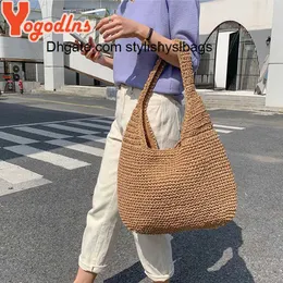 Şey çuvallar yogodlns yaz saman çantası kadınlar için dokuma el yapımı el çantası büyük kapasiteli bayan tote tatil plaj çantası rattan omuz çantası