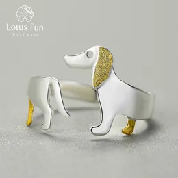 Lotus Fun Real 925 Sterling Silver Silver Dachshund Dog Регулируемые кольца для женщин Оригинальное мод