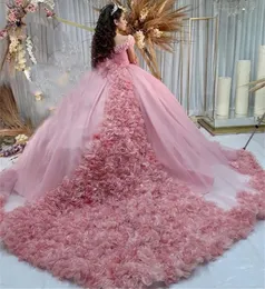 3D Çiçek Aplikler Quinceanera Elbiseler Tatlı 16 Pembe Omuz Çiçekler Balo elbisesi Vestido De 15 Anos Uzun Tül Prenses Balo Elbise