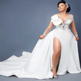 2021 Plus Size Arabic Aso Ebi Mermaid Lace Crystals Wedding Gowns Sheer Neck High Split Detachable Train Bridal Dresses ZJ5752946