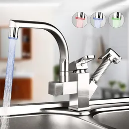 Kitchen Faucets Rotated Sink Basin Faucet Pull Down LED Copper Stretched Dish Brushed Mixer Tap And Cold