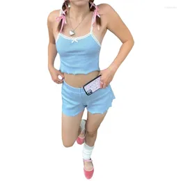 Agasalhos femininos Shorts Conjunto de duas peças Feminino Y2K Estético Alça espaguete Sem manga Crop Top e calça Roupa de renda dos anos 2000