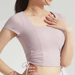 LL New Yoga Crop Top Designer Suit Short Sleeves Nude Feel Open Yoga Sports Top Women 's Slim Fit Quick Dry Fitness 티셔츠