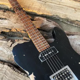 Acepro Ash Body Relic Electric Guitar Grover Tuners Abalone Inlägg P90+Humbucker Pickups Handgjorda åldrade svart färggitarra