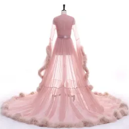 Roupa de dormir rosa Roupão de banho feminino de pele sintética Camisola de penas Robe de noiva Vestidos de casamento de noiva Petite Plus Size Custom Made349M