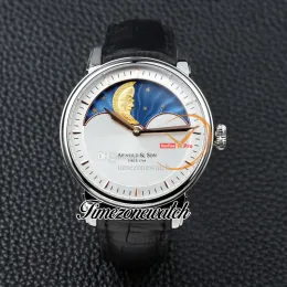 New 42mm Arnold&Son HM Perpetual Moon A1GLARI01AC122A Steel Case White Dial Mechanical Hand Winding Mens Watch Black Leather Strap Watches UK Cool Timezonewatch