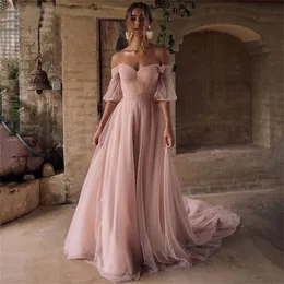 Pink Prom Dresses Boho Beach Evening Dress Off Shoulder Vintage Cheap Party Gowns With Short Sleeve Plus Size Vestidos