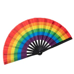 33cm Large Rainbow Folding Fan Hand Fans Party Favor with Personalized Design Printed Black Bamboo Satin Silk Fabric Festival Supplies