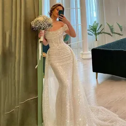 Abiti da sposa a sirena con paillettes bianchi glitterati con strascico staccabile senza maniche scollo rotondo Abiti da sposa lunghi lucidi Corsetto semplice Robe De Mariee