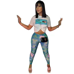 Pantaloni da donna a due pezzi Completi estivi T-shirt girocollo con stampa casual e set di pantaloni Nave libera