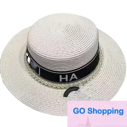 Moda hasır şapka yaz yeni su inci mektubu işaret büyük ağzı düz üst şapka sahil plaj güneş şapkalar toptan