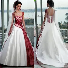 Retro Design White and Red Wedding Dresses Cap Sleeve Applicies spete Pleated Tulle Satin A Line Brudklänningar Anpassad storlek2812884214J