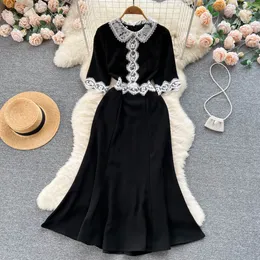 Casual Dresses Spring Summer Fashion Celebrity Lace Lapel Stitching Wrap Hip Fishtail Dress Women Short Sleeve Elegant Clothes Vestidos 2023