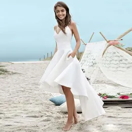 Proste białe asymetryczne sukienki ślubne w linii V SCEK STAGHETTI SATYN SUKIET MODELALNE Backless Plaża Suknia ślubna Vestido de 229k