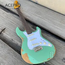 Acepro Handmade Relic Electric Guitar Alder Body Green Color High Quality Aged Guitarra Free Shipping