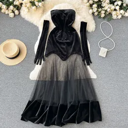 Casual Dresses Vintage Fall Winter Velvet Party Dress Sexy Strapless Slim Bodycon Long Dress Women Perspective Mesh Patchwork Robes Femme With Gloves 2023