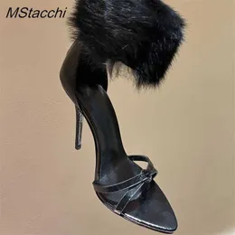 Nxy Sandals Women High Heeled Black Furry Ongle Wrap Summer Ladies Sexy Stilettos Runway Pointy Toe Shoes New 230406