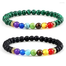 Strand Beaded Strands Natural Green Malachite Onyx 7 Chakra Bracelet dla kobiet mężczyzn Czarny Lava Reiki Uzdrawianie Elastyczna biżuteria Raym22