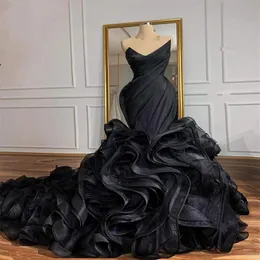 Czarna gotycka sukienki ślubne syreny 2022 Katedralny pociąg organza koronkowy gorset koronowa marszczyzny spódnica plus size ślubne sukienki 264J