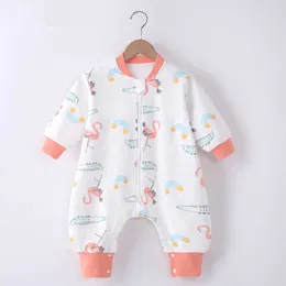 Spring Autumn Children's Sleeping Pure Cotton, hane och kvinnligt dubbelskikt pyjamas, baby sömntjockad snap -knapp, anti kick quilt