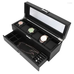 Titta på lådor 6 Slots Luxury Display Box Carbon Fiber Organizer Smycken Glasögon Lagring Fodral med lock för Watchmaker Black