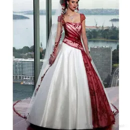Vintage White And Burgundy A Line Wedding Dress For Women Square Neck Lace Appliques Cap Sleeve Plus Size Lace-up Gothic Corset Co282w